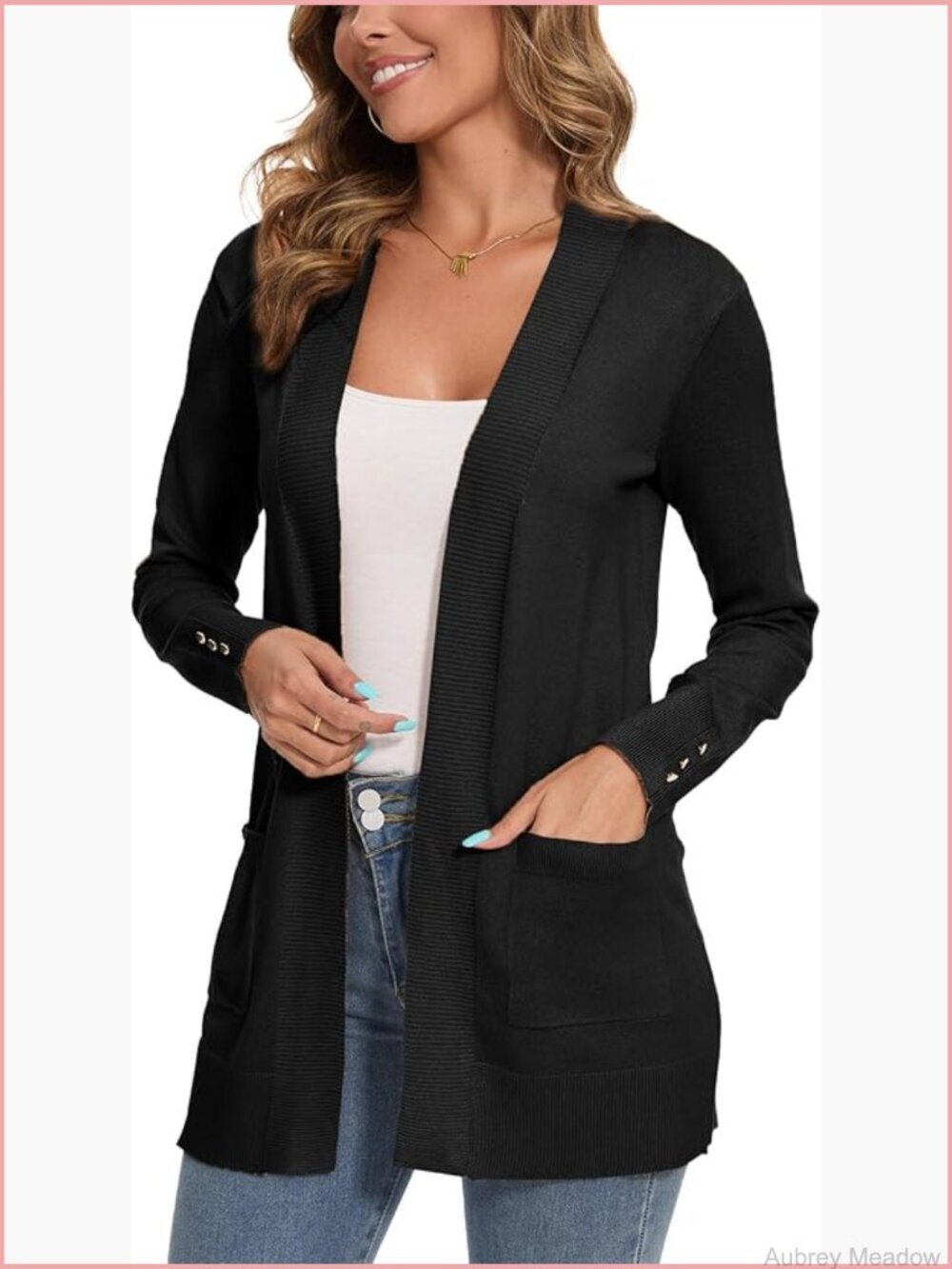 Lightweight Knit Cardigan with Pockets Open Front Long Sleeve Regular Fit